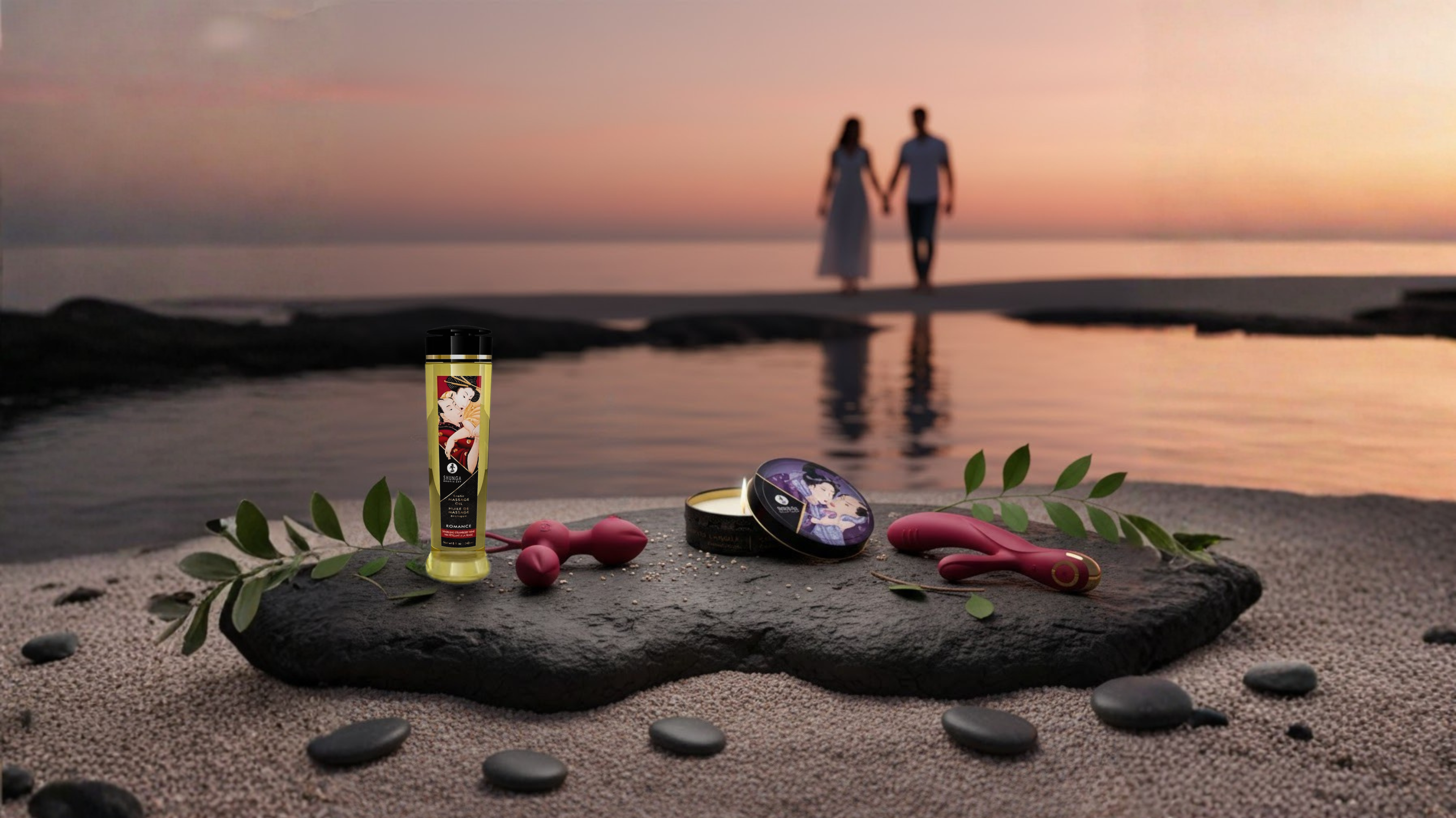 Experiência sensorial INTISENSES com produtos de bem-estar íntimo feminino junto ao mar ao pôr do sol, simbolizando conexão, prazer e saúde íntima